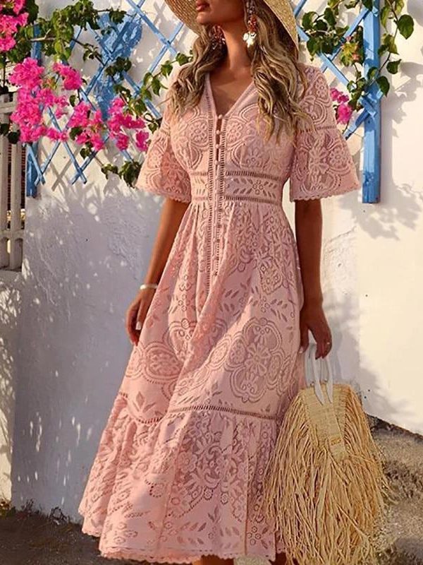 Women Sweet V Neck Hollow Out Single-Breasted Lace Long Dress Elegant Summer Beach Style Holiday Solid Streetwear Dress - Takalr