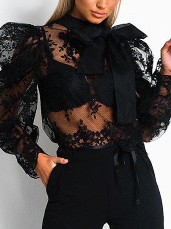 Women Transparent Lace Blouse Shirt Elegant Black Floral Crochet Puff Sleeve Tops Bow Tied Neck See Through Blusa Feminino - Takalr