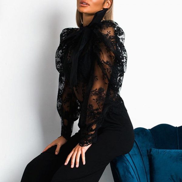 Women Transparent Lace Blouse Shirt Elegant Black Floral Crochet Puff Sleeve Tops Bow Tied Neck See Through Blusa Feminino - Takalr