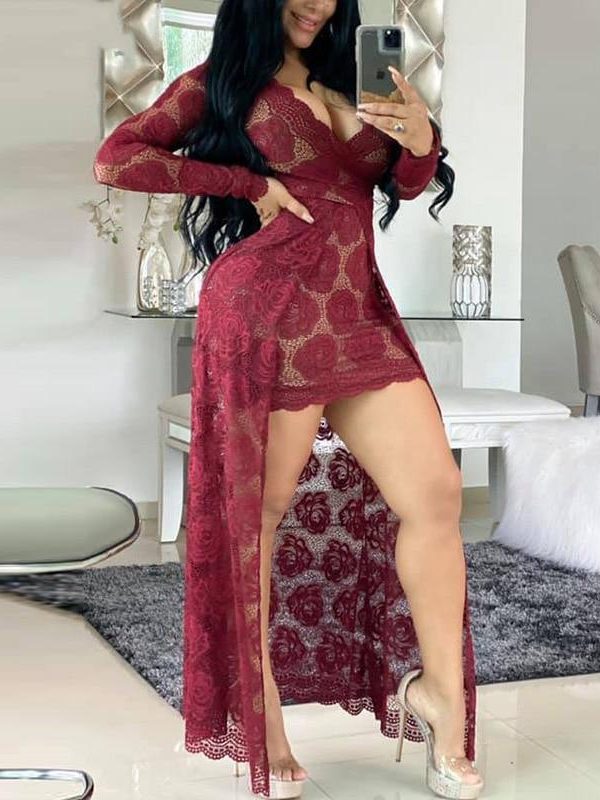 Women Transparent Lace Dress Long Sleeve Lace Dip Hem Long Dress Sexy V Neck Floral Fake 2 Piece Dresses Elegant Party Vestidos - Takalr