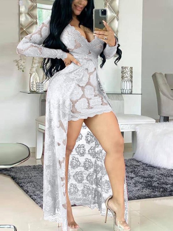 Women Transparent Lace Dress Long Sleeve Lace Dip Hem Long Dress Sexy V Neck Floral Fake 2 Piece Dresses Elegant Party Vestidos - Takalr