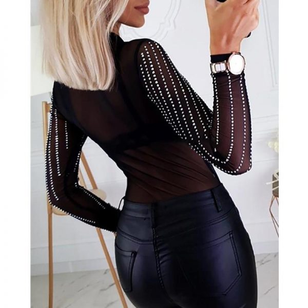 Women Transparent Mesh Diamonds Sexy Bodycuit Stretch Semi Sheer Mesh Sequins Blouse Playsuits Long Sleeve Rompers Tops Jumpsuit - Takalr