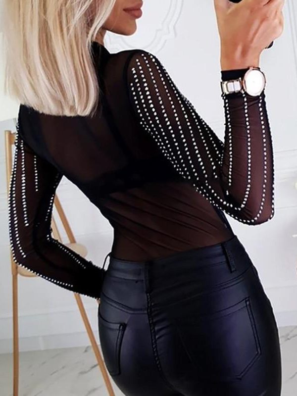 Women Transparent Mesh Diamonds Sexy Bodycuit Stretch Semi Sheer Mesh Sequins Blouse Playsuits Long Sleeve Rompers Tops Jumpsuit - Takalr