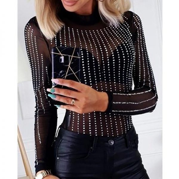 Women Transparent Mesh Diamonds Sexy Bodycuit Stretch Semi Sheer Mesh Sequins Blouse Playsuits Long Sleeve Rompers Tops Jumpsuit - Takalr