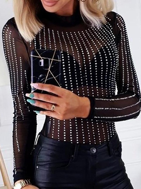 Women Transparent Mesh Diamonds Sexy Bodycuit Stretch Semi Sheer Mesh Sequins Blouse Playsuits Long Sleeve Rompers Tops Jumpsuit - Takalr