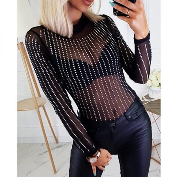 Women Transparent Mesh Diamonds Sexy Bodycuit Stretch Semi Sheer Mesh Sequins Blouse Playsuits Long Sleeve Rompers Tops Jumpsuit - Takalr