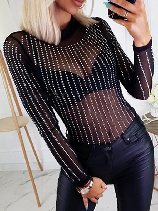 Women Transparent Mesh Diamonds Sexy Bodycuit Stretch Semi Sheer Mesh Sequins Blouse Playsuits Long Sleeve Rompers Tops Jumpsuit - Takalr