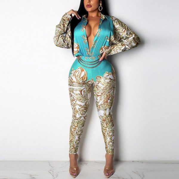 Women Turn Down Collar Long Sleeve Shirts Jumpsuit Vintage Printed Bodycon Rompers Womens Jumpsuit Streetwear Overalls for Woman - Takalr