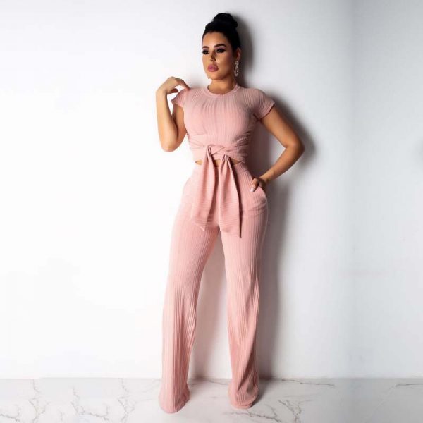 Women Two Piece Outfits Women O-Neck Short Sleeve Solid Summer T-shirt Casual Elastic Waist Ankle-Length Long Pants - Takalr