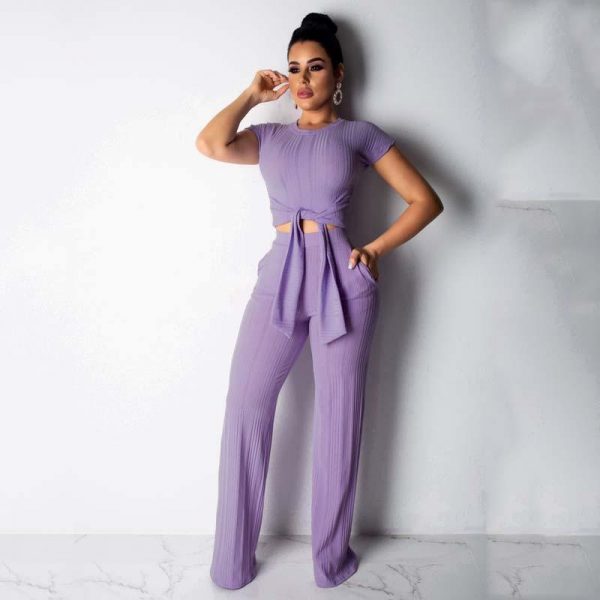 Women Two Piece Outfits Women O-Neck Short Sleeve Solid Summer T-shirt Casual Elastic Waist Ankle-Length Long Pants - Takalr