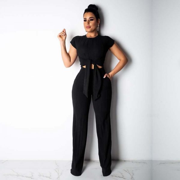 Women Two Piece Outfits Women O-Neck Short Sleeve Solid Summer T-shirt Casual Elastic Waist Ankle-Length Long Pants - Takalr