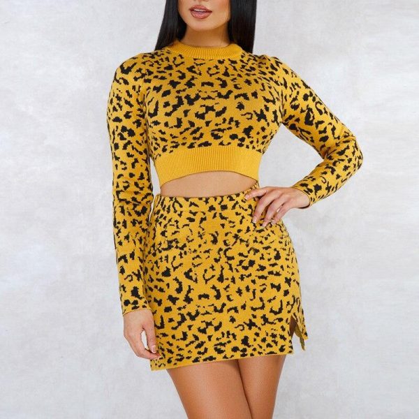 Women Two Piece Set Leopard Print Knitted Sweater Tops and Mini Skirt Set Winter Fashion Streetwear Tracksuit Outfits - Takalr