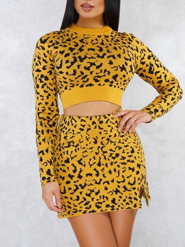 Women Two Piece Set Leopard Print Knitted Sweater Tops and Mini Skirt Set Winter Fashion Streetwear Tracksuit Outfits - Takalr