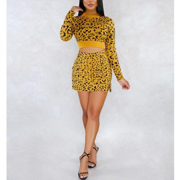 Women Two Piece Set Leopard Print Knitted Sweater Tops and Mini Skirt Set Winter Fashion Streetwear Tracksuit Outfits - Takalr