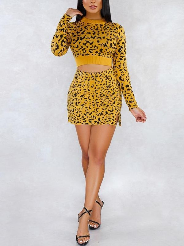 Women Two Piece Set Leopard Print Knitted Sweater Tops and Mini Skirt Set Winter Fashion Streetwear Tracksuit Outfits - Takalr