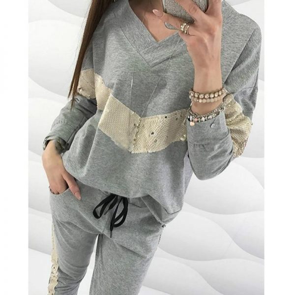 Women Two Piece Set Sequins V-Neck Tops & Drawstring Pants Sets Autumn Long Sleeve Tracksuit Two Piece Outfits Casual Vestidos - Takalr