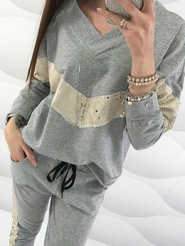 Women Two Piece Set Sequins V-Neck Tops & Drawstring Pants Sets Autumn Long Sleeve Tracksuit Two Piece Outfits Casual Vestidos - Takalr