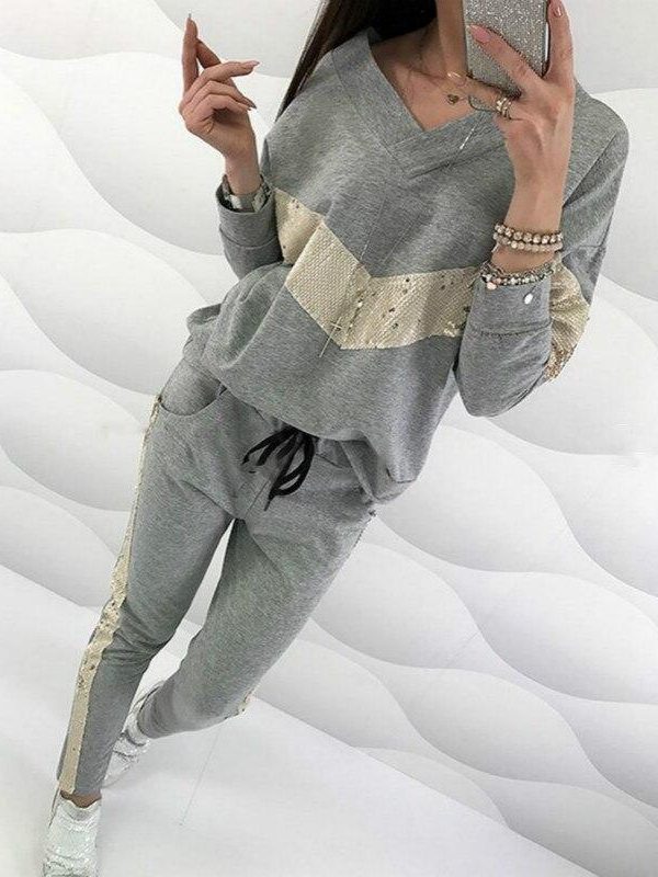 Women Two Piece Set Sequins V-Neck Tops & Drawstring Pants Sets Autumn Long Sleeve Tracksuit Two Piece Outfits Casual Vestidos - Takalr