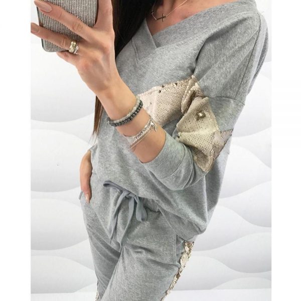 Women Two Piece Set Sequins V-Neck Tops & Drawstring Pants Sets Autumn Long Sleeve Tracksuit Two Piece Outfits Casual Vestidos - Takalr