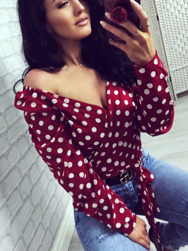 The Best Women V-Neck Fashion Summer Holiday Long Sleeve Tops Slimmer Fitting Shirt Ladies Casual Simple Sexy Polka Dot Tops Shirt Online - Takalr