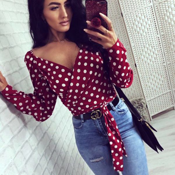 The Best Women V-Neck Fashion Summer Holiday Long Sleeve Tops Slimmer Fitting Shirt Ladies Casual Simple Sexy Polka Dot Tops Shirt Online - Takalr