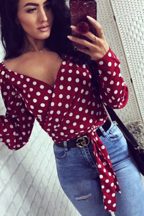 The Best Women V-Neck Fashion Summer Holiday Long Sleeve Tops Slimmer Fitting Shirt Ladies Casual Simple Sexy Polka Dot Tops Shirt Online - Takalr