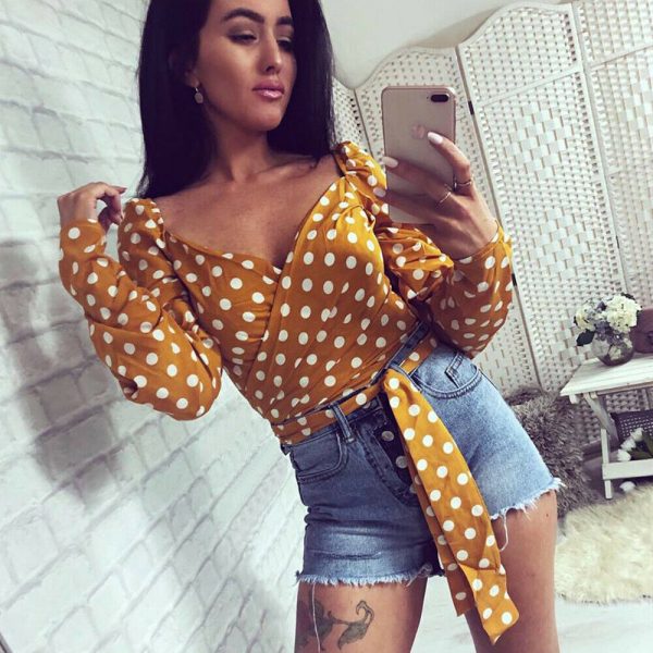 The Best Women V-Neck Fashion Summer Holiday Long Sleeve Tops Slimmer Fitting Shirt Ladies Casual Simple Sexy Polka Dot Tops Shirt Online - Takalr