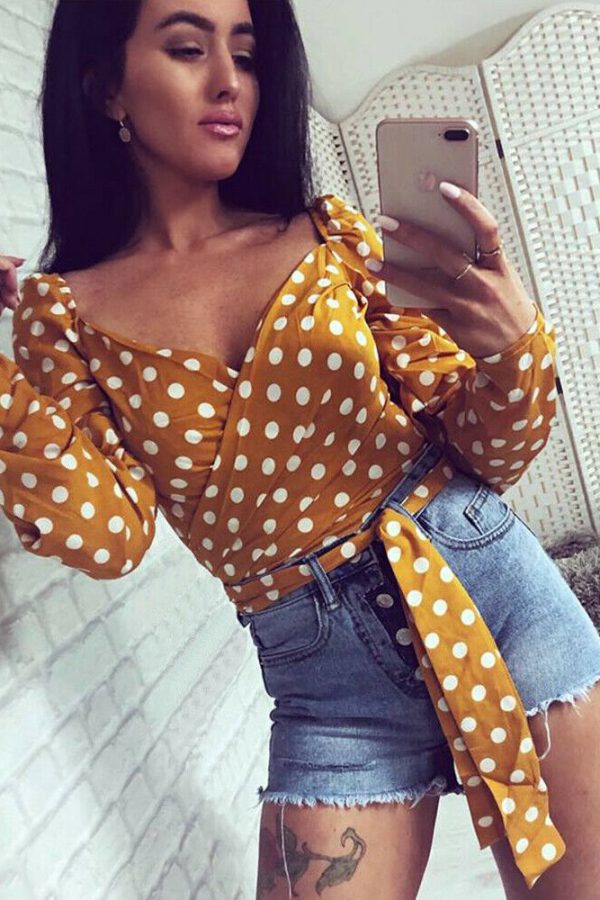 The Best Women V-Neck Fashion Summer Holiday Long Sleeve Tops Slimmer Fitting Shirt Ladies Casual Simple Sexy Polka Dot Tops Shirt Online - Takalr