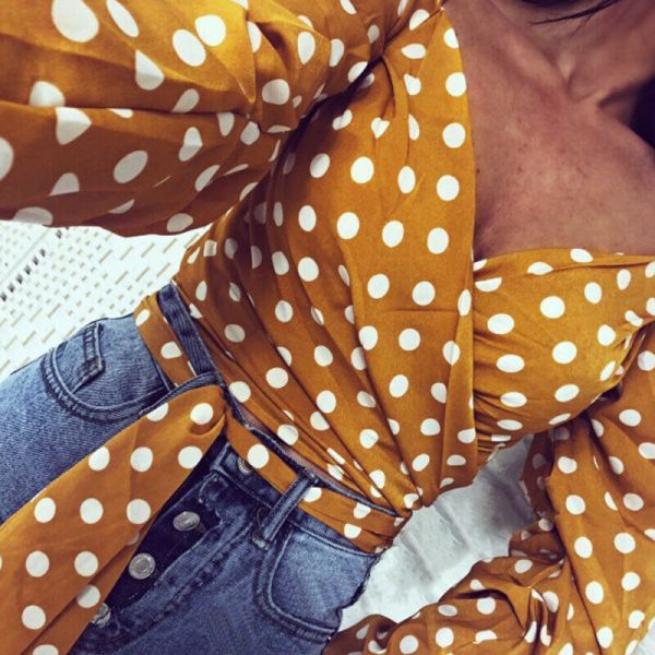 The Best Women V-Neck Fashion Summer Holiday Long Sleeve Tops Slimmer Fitting Shirt Ladies Casual Simple Sexy Polka Dot Tops Shirt Online - Takalr