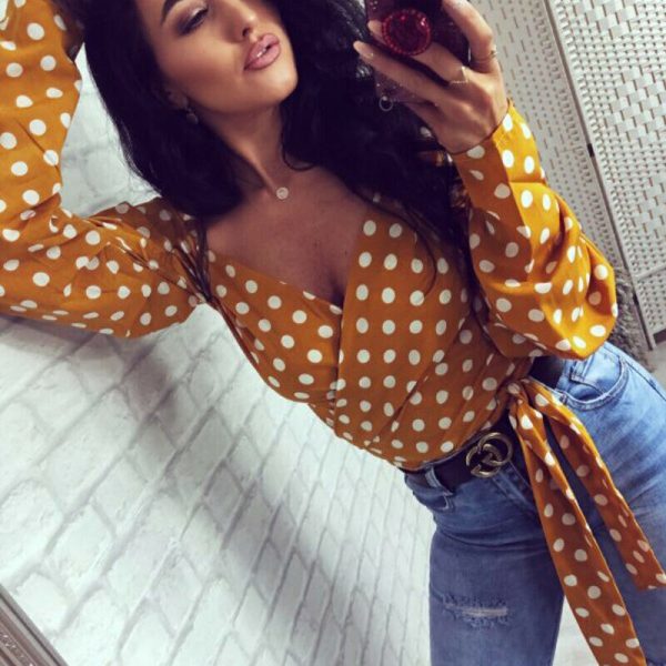 The Best Women V-Neck Fashion Summer Holiday Long Sleeve Tops Slimmer Fitting Shirt Ladies Casual Simple Sexy Polka Dot Tops Shirt Online - Takalr