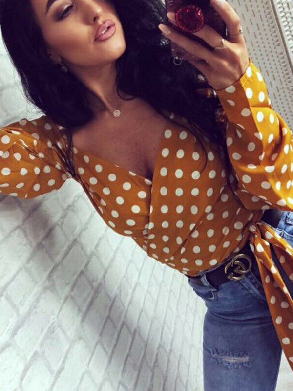 The Best Women V-Neck Fashion Summer Holiday Long Sleeve Tops Slimmer Fitting Shirt Ladies Casual Simple Sexy Polka Dot Tops Shirt Online - Takalr