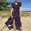 V Neck Short Sleeves Chiffon Bohemian Summer Print Cherry Female Dress - Takalr