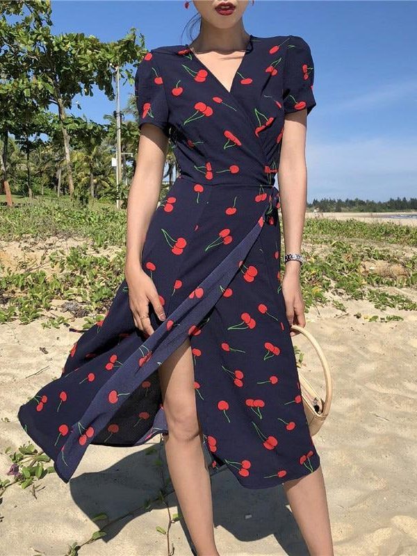 V Neck Short Sleeves Chiffon Bohemian Summer Print Cherry Female Dress - Takalr