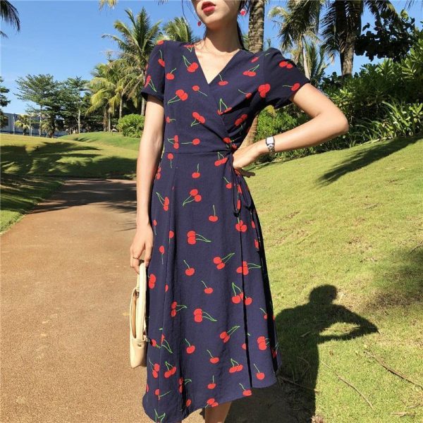 V Neck Short Sleeves Chiffon Bohemian Summer Print Cherry Female Dress - Takalr