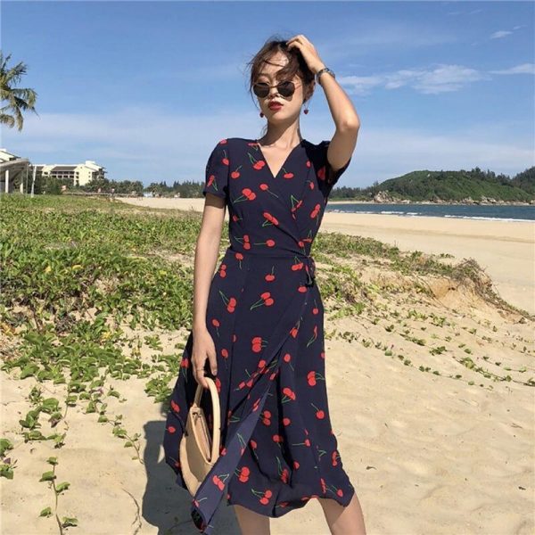 V Neck Short Sleeves Chiffon Bohemian Summer Print Cherry Female Dress - Takalr