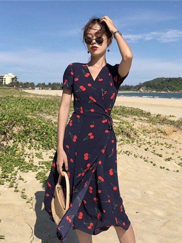 V Neck Short Sleeves Chiffon Bohemian Summer Print Cherry Female Dress - Takalr