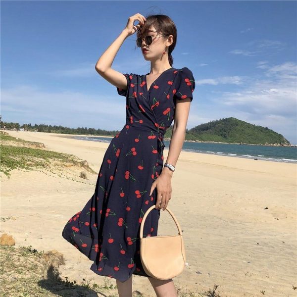 V Neck Short Sleeves Chiffon Bohemian Summer Print Cherry Female Dress - Takalr