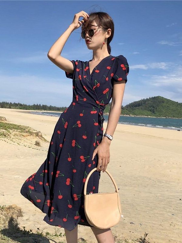 V Neck Short Sleeves Chiffon Bohemian Summer Print Cherry Female Dress - Takalr