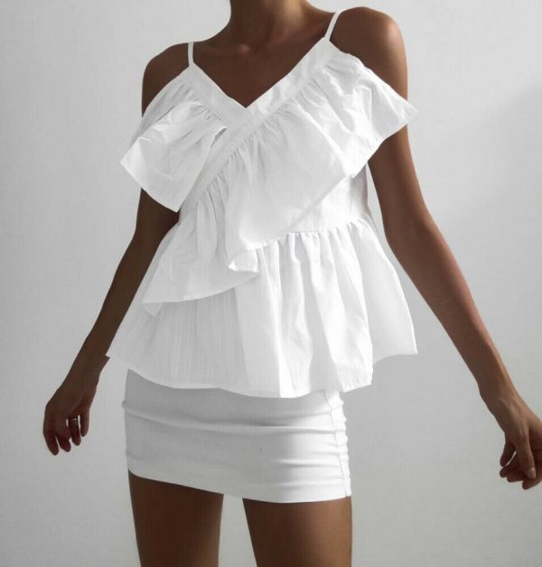 The Best Women V Neck Sling Striped Top Sleeveless Summer Ruffled Frill Slimmer Fashion Casual Holiday Beach Sun-Tops Camisole Online - Takalr