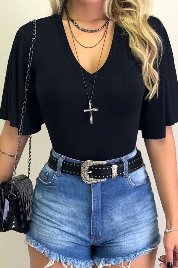 The Best Women V-Neck Solid T-Shirts Female Fashion Summer Simple Casual Tops Beach Holiday Short Sleeve Loose Shirt New Online - Takalr