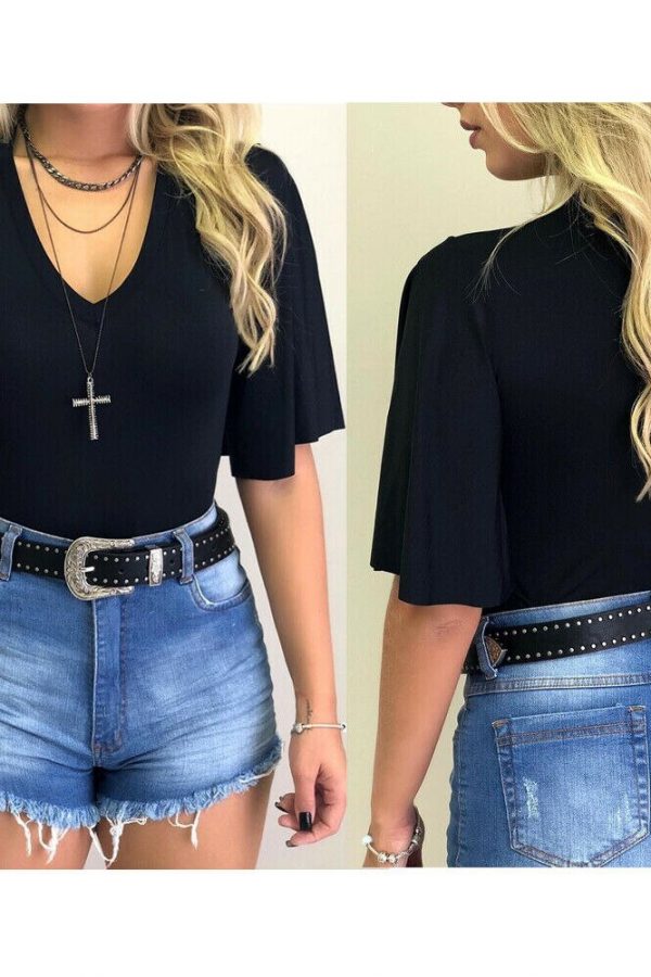 The Best Women V-Neck Solid T-Shirts Female Fashion Summer Simple Casual Tops Beach Holiday Short Sleeve Loose Shirt New Online - Takalr