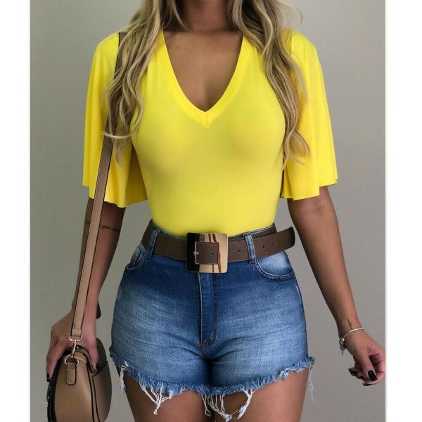 The Best Women V-Neck Solid T-Shirts Female Fashion Summer Simple Casual Tops Beach Holiday Short Sleeve Loose Shirt New Online - Takalr