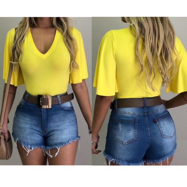 The Best Women V-Neck Solid T-Shirts Female Fashion Summer Simple Casual Tops Beach Holiday Short Sleeve Loose Shirt New Online - Takalr