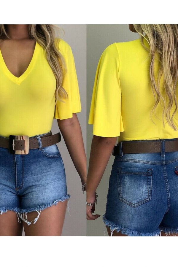 The Best Women V-Neck Solid T-Shirts Female Fashion Summer Simple Casual Tops Beach Holiday Short Sleeve Loose Shirt New Online - Takalr