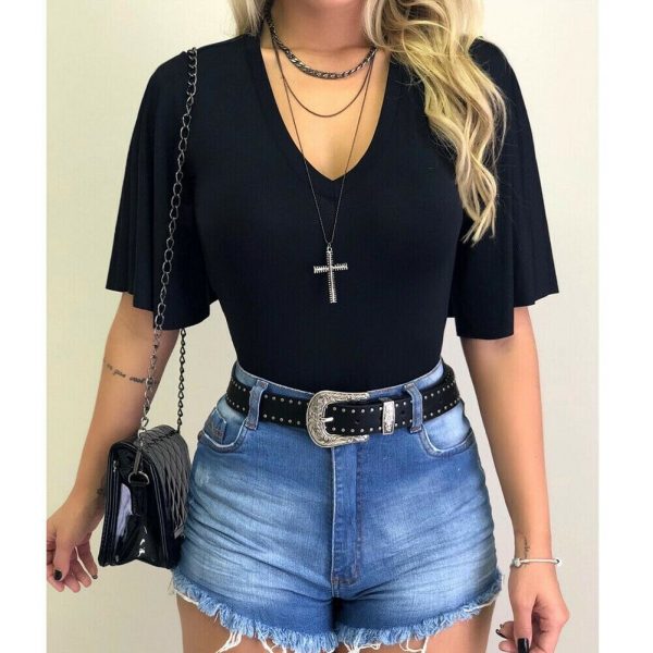 The Best Women V-Neck Solid T-Shirts Female Fashion Summer Simple Casual Tops Beach Holiday Short Sleeve Loose Shirt New Online - Takalr