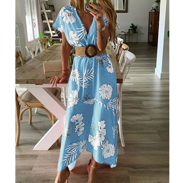 The Best Women V-neck Boho Floral Belted Maxi Dress Summer Ladies Casual Short Sleeve Party Beach Sundress Holiday Clothing Online - Takalr