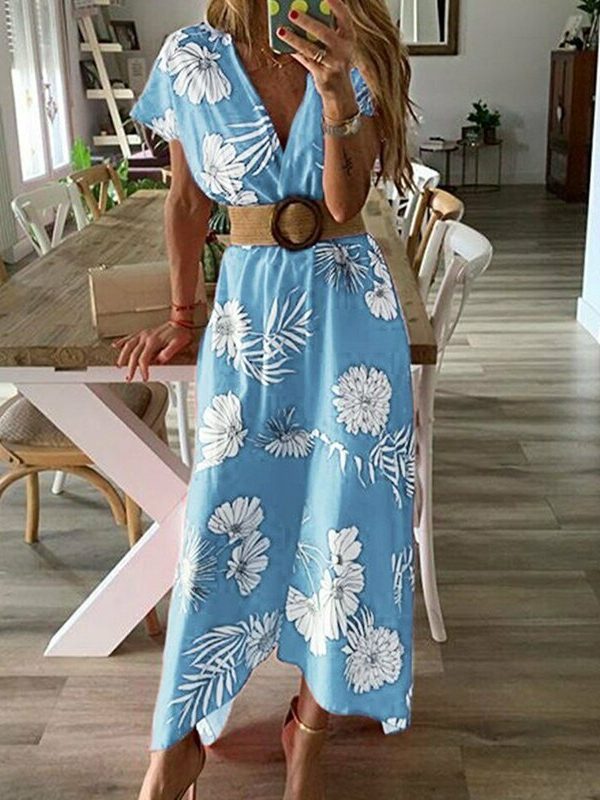 The Best Women V-neck Boho Floral Belted Maxi Dress Summer Ladies Casual Short Sleeve Party Beach Sundress Holiday Clothing Online - Takalr