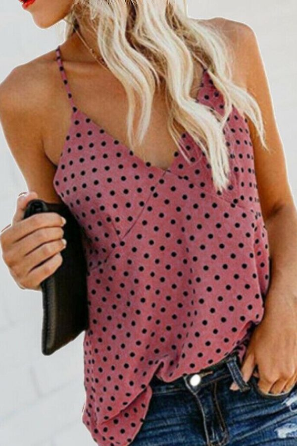 The Best Women Vest Polka Dot Print Sleeveless Loose Camisole Ladies Summer Holiday Casual V-Neck Tank Tops Blouse Shirt Online - Takalr