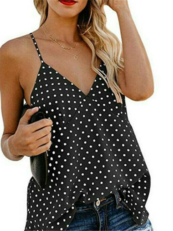 The Best Women Vest Polka Dot Print Sleeveless Loose Camisole Ladies Summer Holiday Casual V-Neck Tank Tops Blouse Shirt Online - Takalr