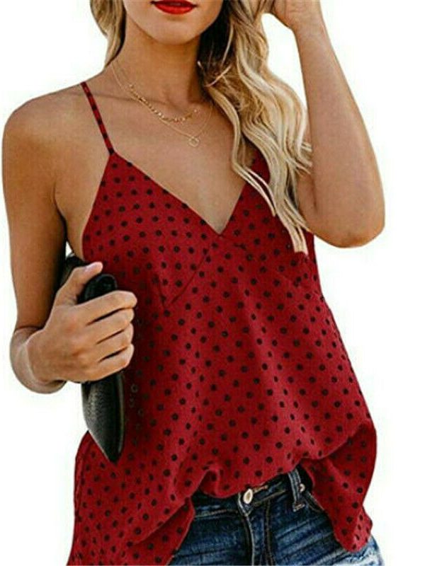 The Best Women Vest Polka Dot Print Sleeveless Loose Camisole Ladies Summer Holiday Casual V-Neck Tank Tops Blouse Shirt Online - Takalr